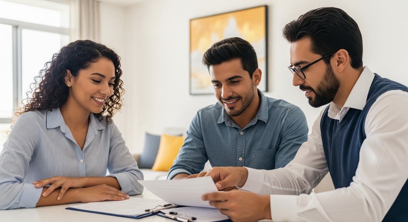 Inspector profesional asesorando a clientes sobre inspección de vivienda