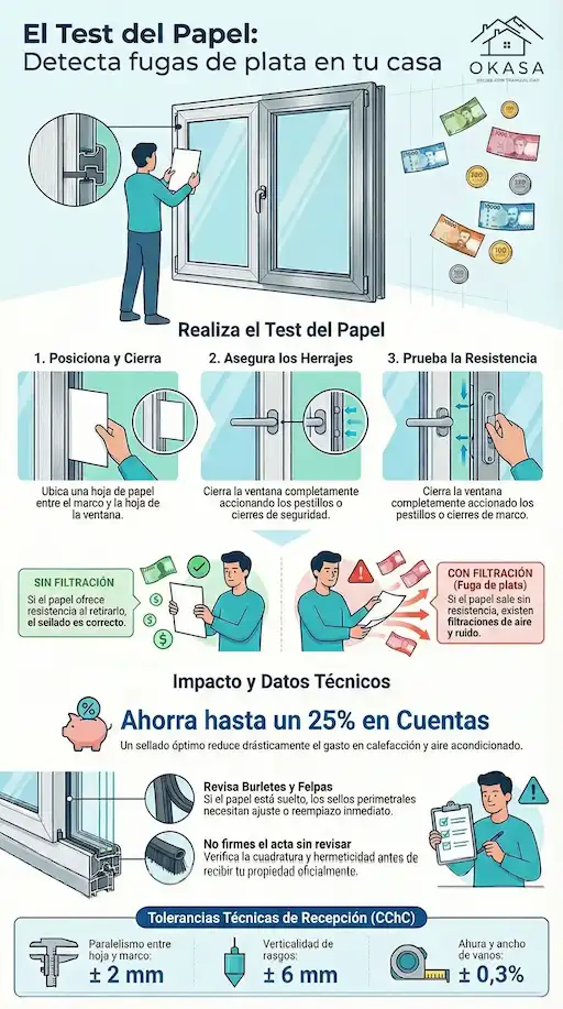 Infografía técnica: Test del papel para detectar filtraciones de aire en ventanas de casas nuevas Santiago