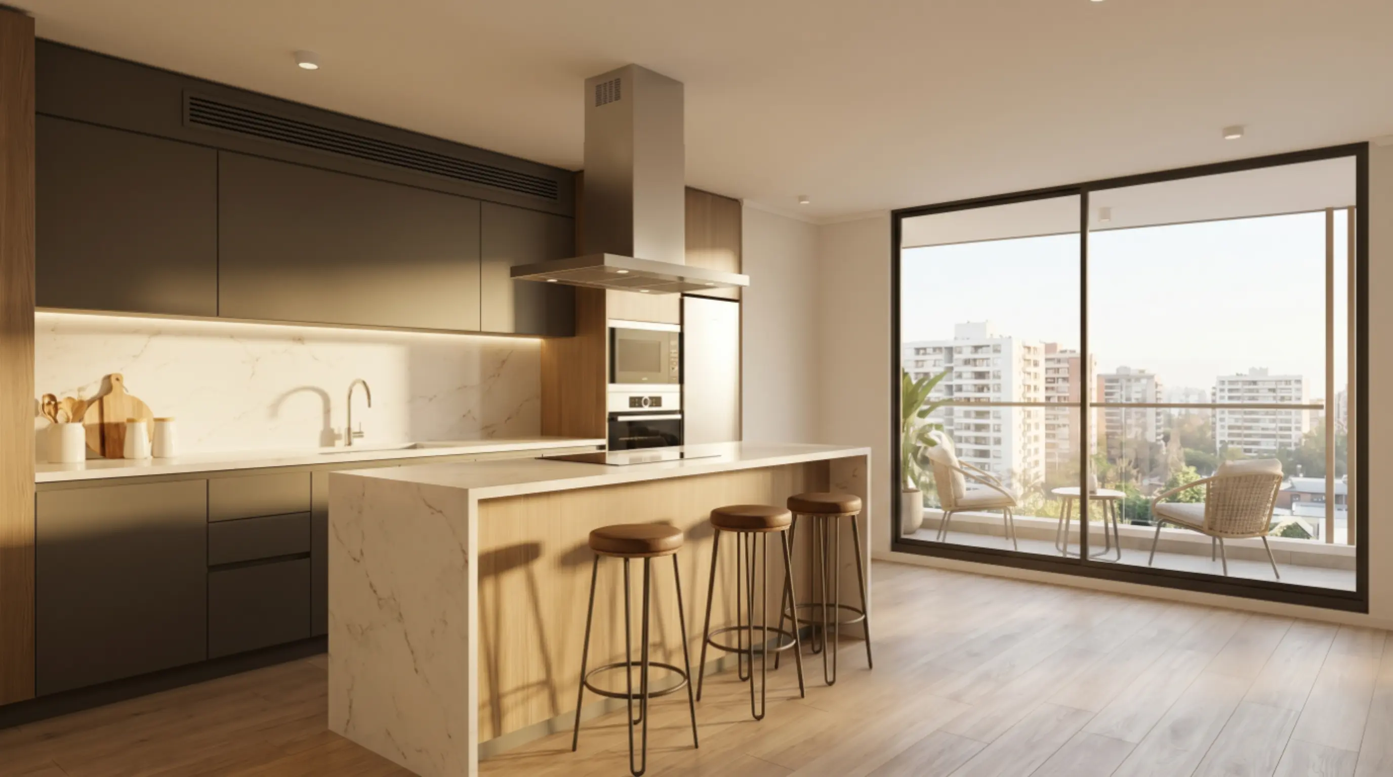 Departamento premium en Ñuñoa con terminaciones de cuarzo y climatización integrada