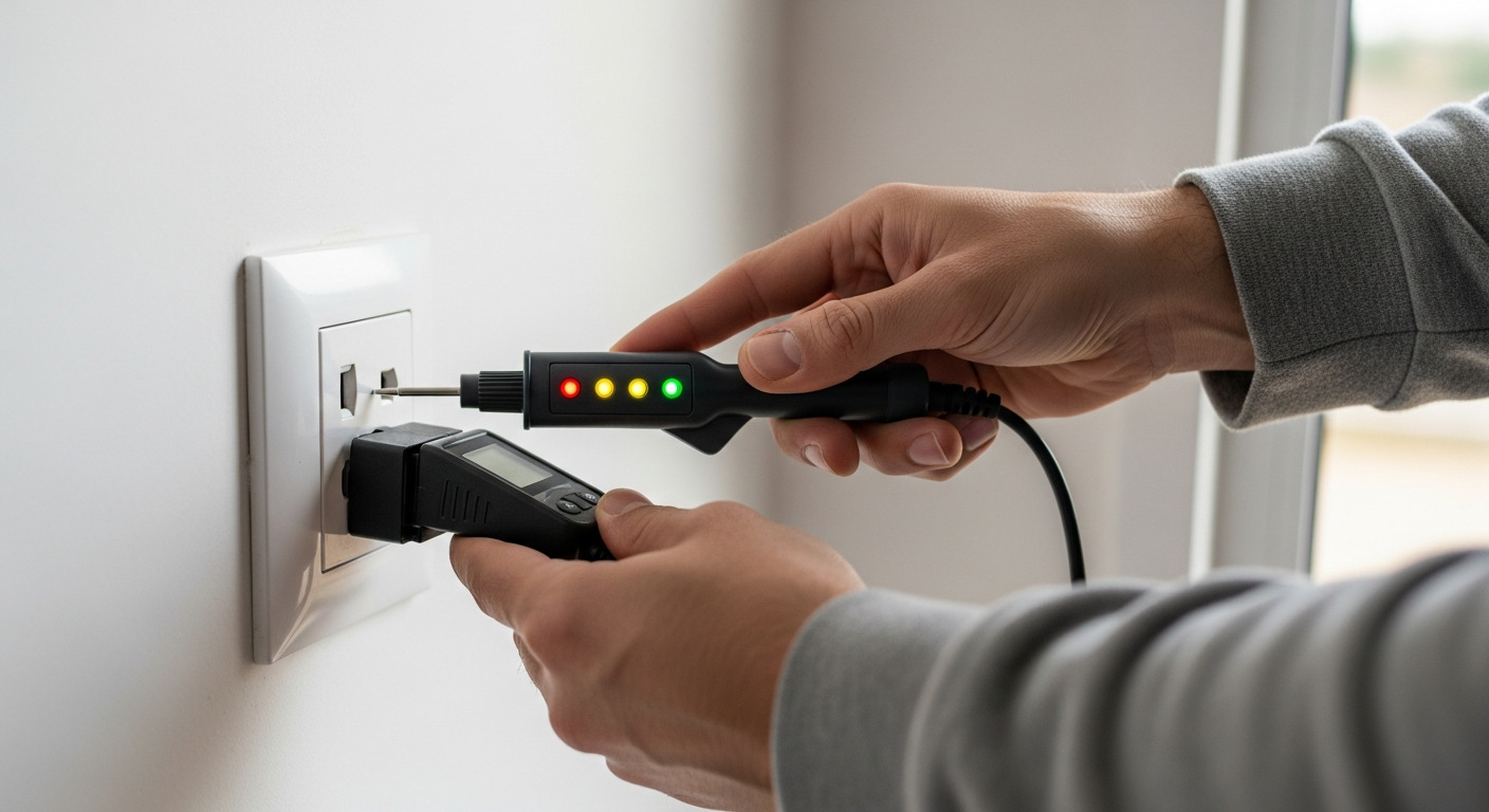 Inspector profesional revisando enchufes con probador de polaridad