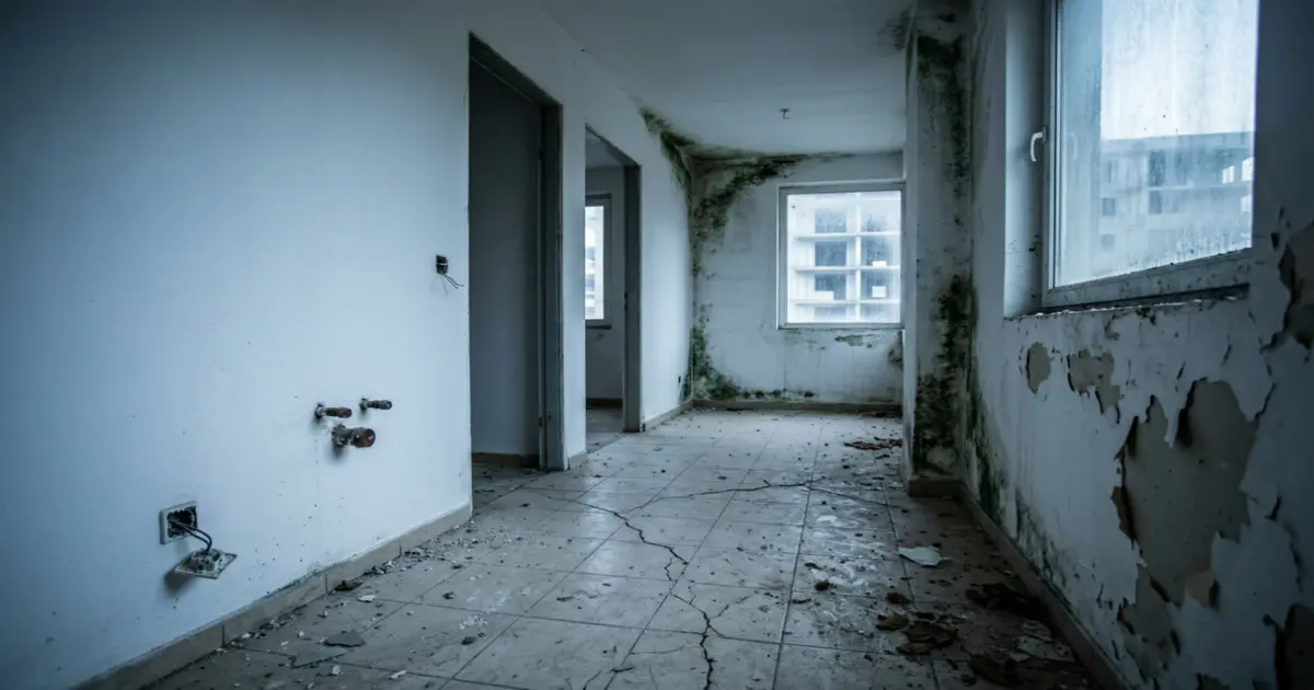 Interior de departamento nuevo con signos de humedad y moho tras años cerrado